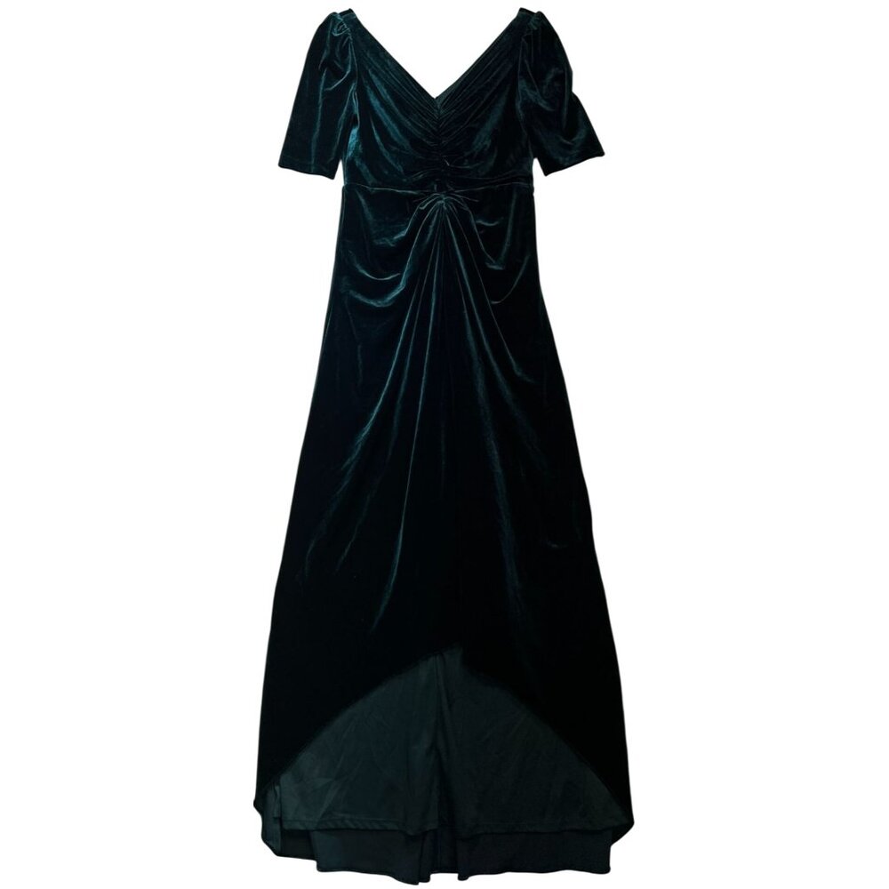 Adrianna Papell Women's Ruched Velvet Hi-Low Gown Half Sleeve Sz 6 Emerald Green